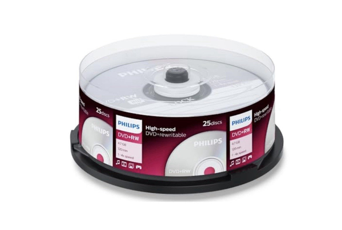 Philips DVD+RW 4.7GB Disc 120Min 4x Speed Rewritable Blank Discs 25 Spindle
