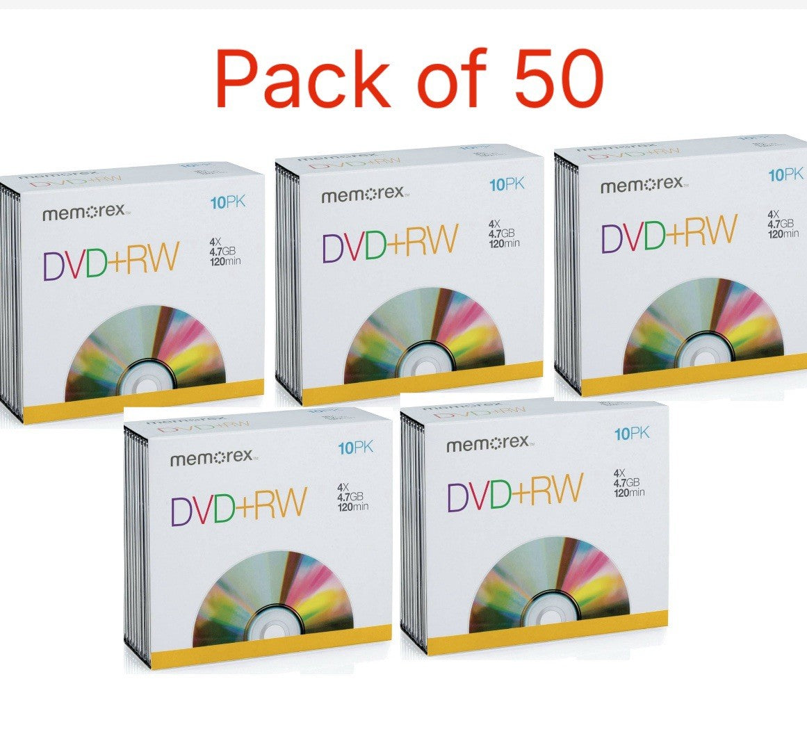 50 x Memorex Blank DVD+RW discs 4x 4.7GB 120 mins Rewritable Jewel Slim case