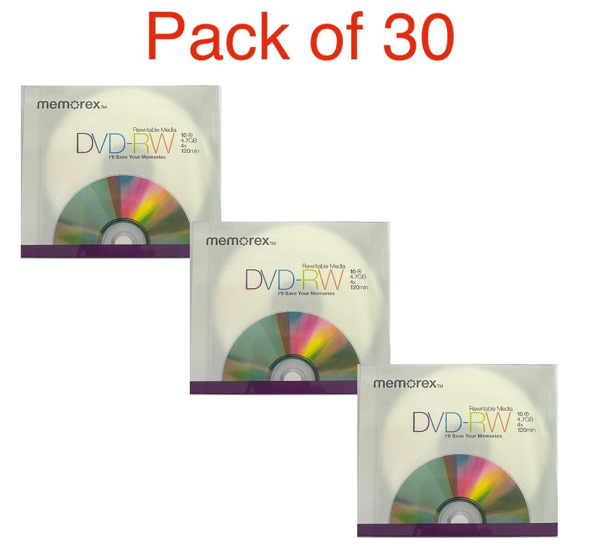 30 x Memorex Blank DVD-RW discs 4x 4.7GB 120 mins Rewritable With Sleeves