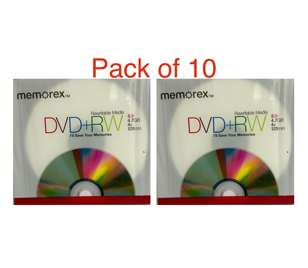 10 x Memorex Blank DVD+RW discs 4x 4.7GB 120 mins Rewritable Slim Jewel case