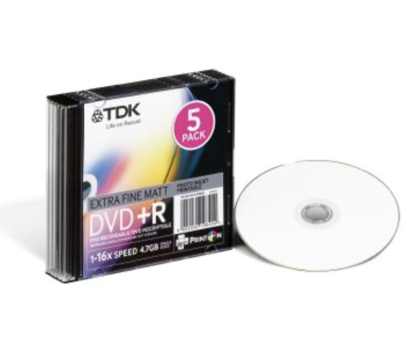 5 x TDK Printable Blank DVD+R 16x 4.7GB discs 120 mins Slim Jewel case