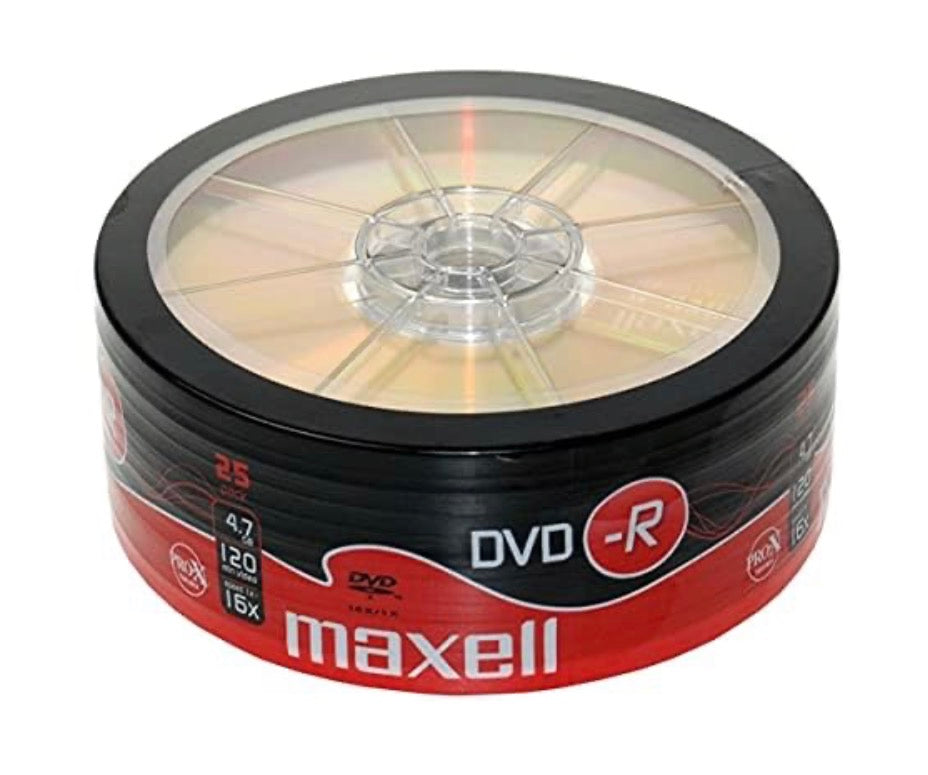 Maxell DVD-R Recordable Discs – 4.7GB, 16x Speed, 120-Minute Capacity, 25-Pack (Shrink Wrapped)