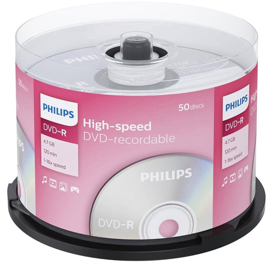 Philips DVD-R Blank Recordable Discs 4.7GB 120 Mins 1-16x Speed Spindle 50 pack