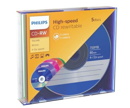 Philips CD-RW  Colour High Speed CD Rewritable 700mb 80min 4-12x Speed Pack of 5