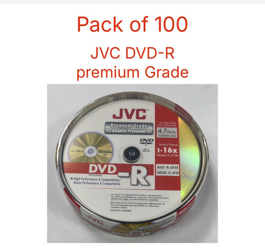 100 x JVC DVD-R 16x 4.7GB 120 mins Premium  Grade Blank Discs Spindle