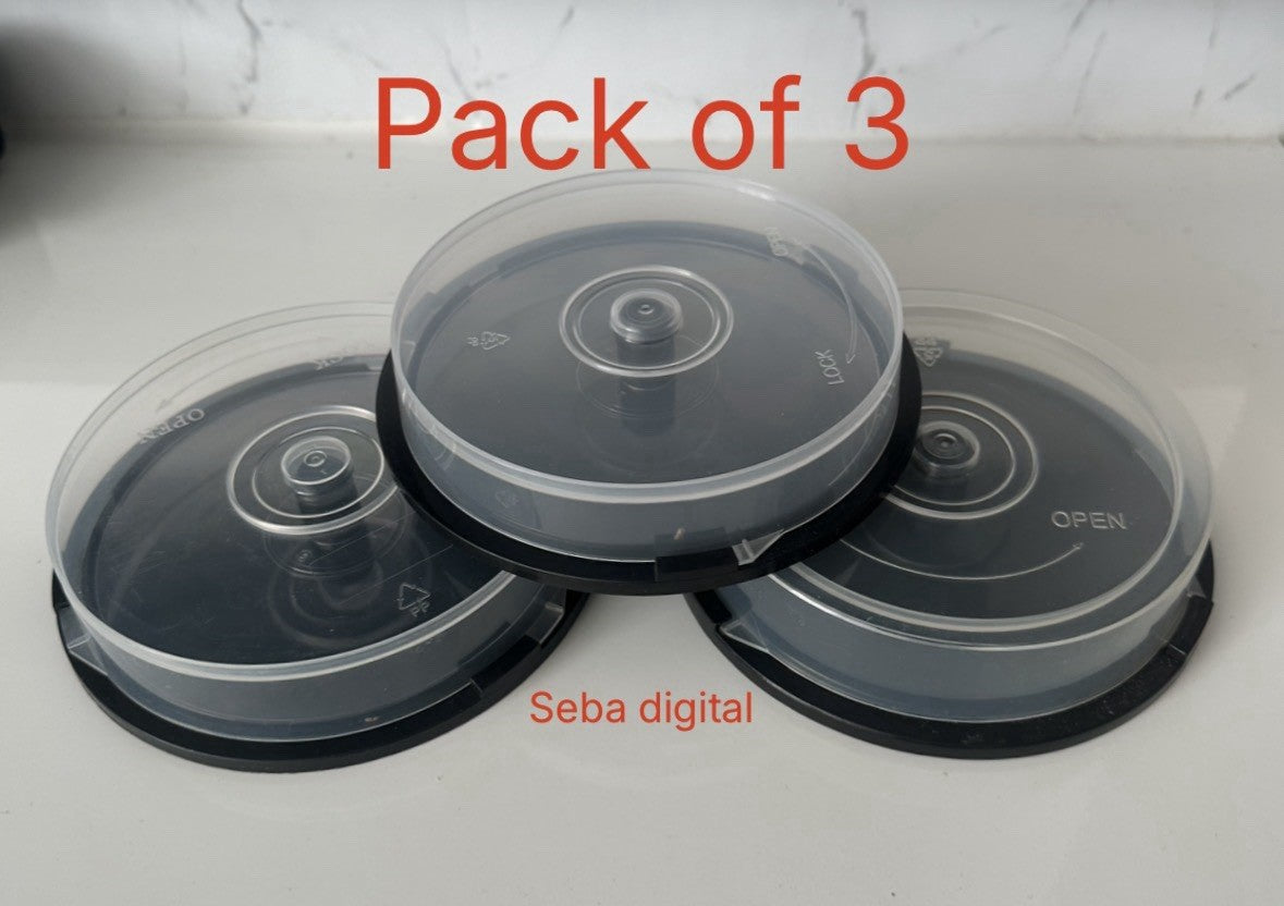 3 x Empty CD/DVD Plastic Cake Tub Spindle Storage Boxes – Holds 10 Discs Each