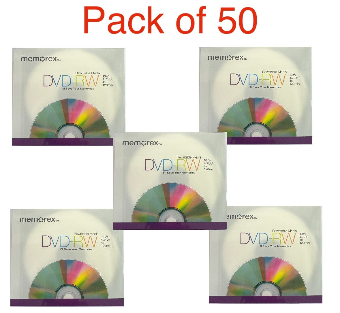50 x Memorex Blank DVD-RW discs 4x 4.7GB 120 mins Rewritable In Slim Case
