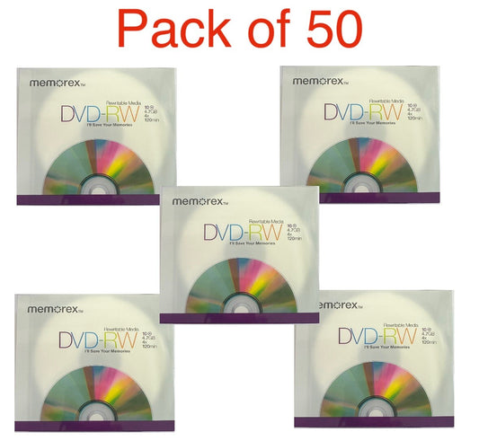 50 x Memorex Blank DVD-RW discs 4x 4.7GB 120 mins Rewritable In Slim Case