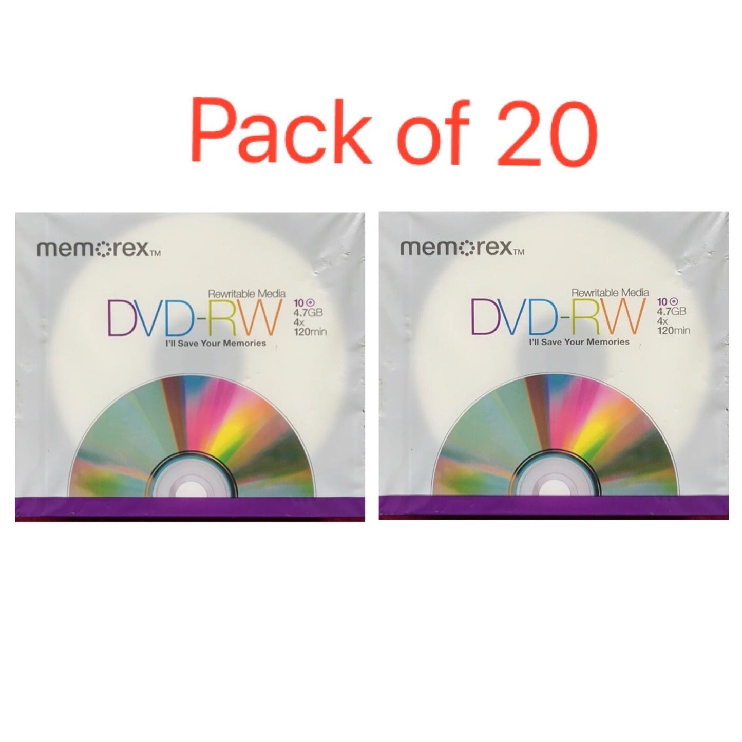 20 x Memorex DVD-RW 4.7 GB 4 x Speed 120 Mins In Slim Jewels Case