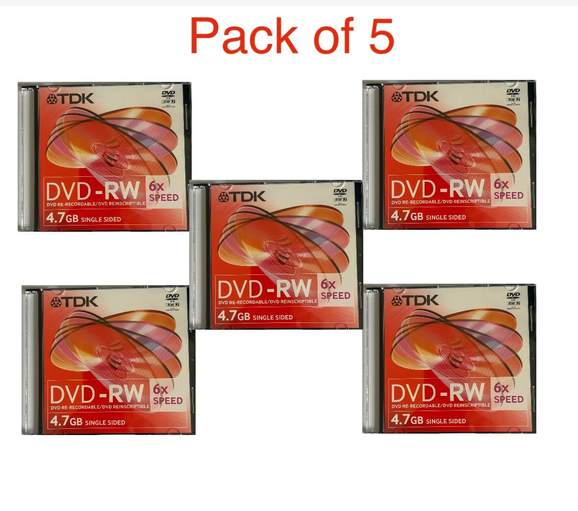 5 x TDK Blank DVD-RW discs 6x Speed 4.7GB 120 mins Rewritable Slim Jewel Case