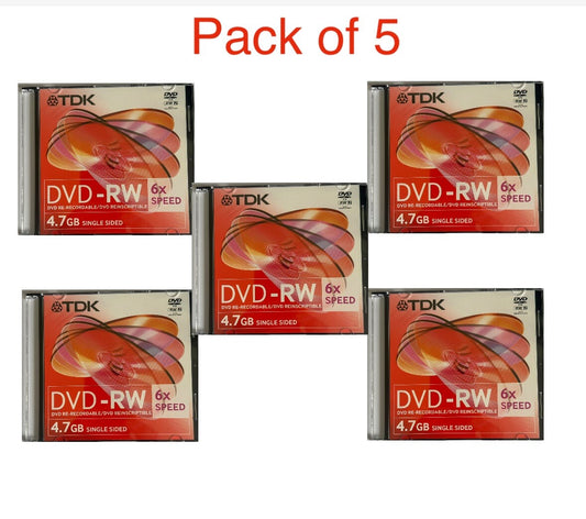 5 x TDK Blank DVD-RW discs 6x Speed 4.7GB 120 mins Rewritable Slim Jewel Case