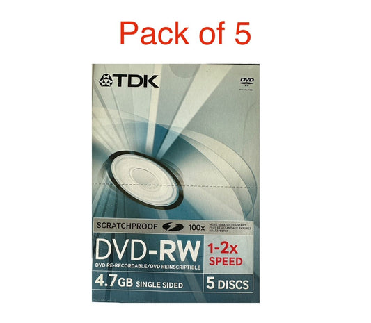 TDK Blank DVD-RW 1-2x Speed 4.7GB Rewritable Discs Pack Of 5