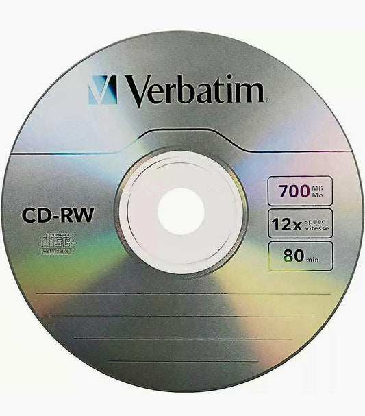 Verbatim CD-RW 80MIN / 700MB Rewritable Blank 8 -12x CDRW Disc NEW with Sleeve