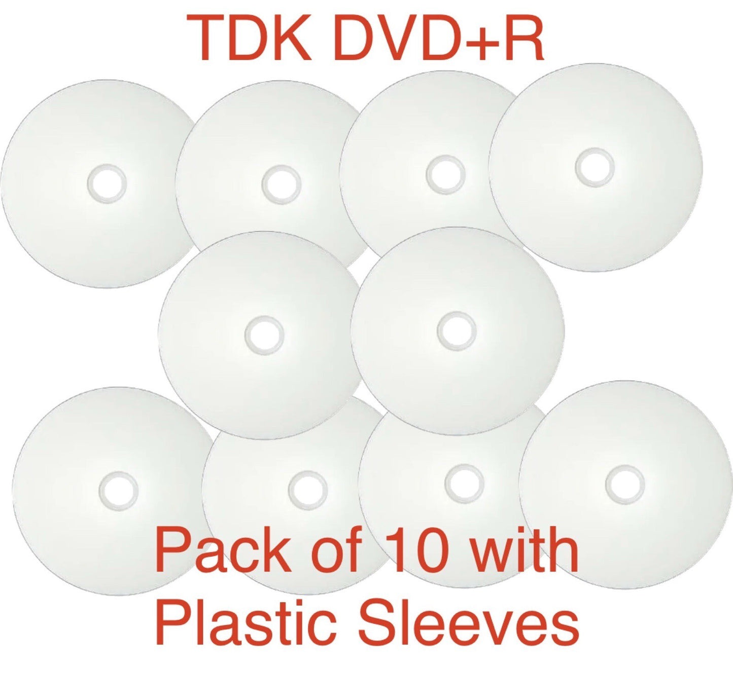 10 x TDK DVD+R  Blank Discs 4.7GB 16x Full Face Printable Inkjet In Sleeves