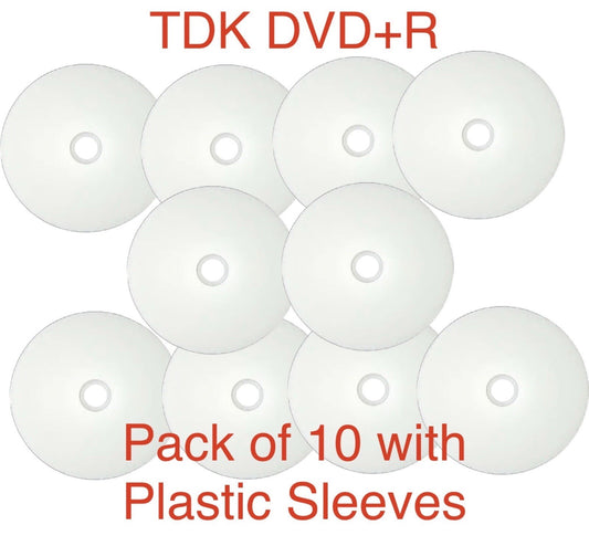 10 x TDK DVD+R  Blank Discs 4.7GB 16x Full Face Printable Inkjet In Sleeves