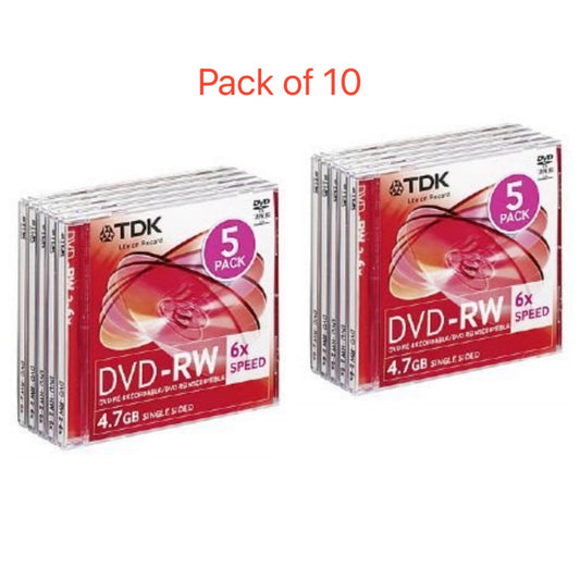 TDK Blank DVD-RW discs 2x - 6x 4.7GB 120 mins Rewritable Slim Case  Pack Of 10