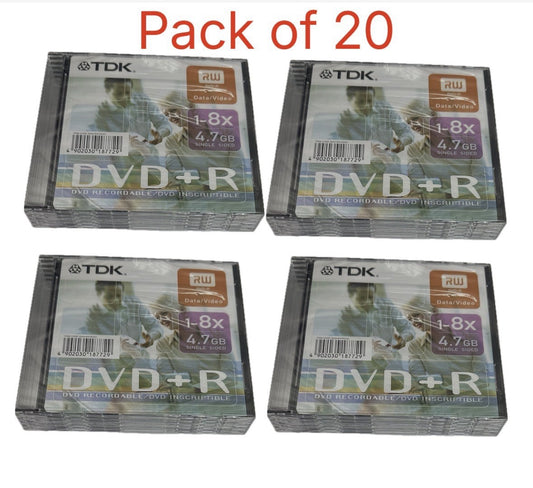 20 x TDK DVD+R For Data/Video Blank Discs 1-8x Speed In Slim Cases