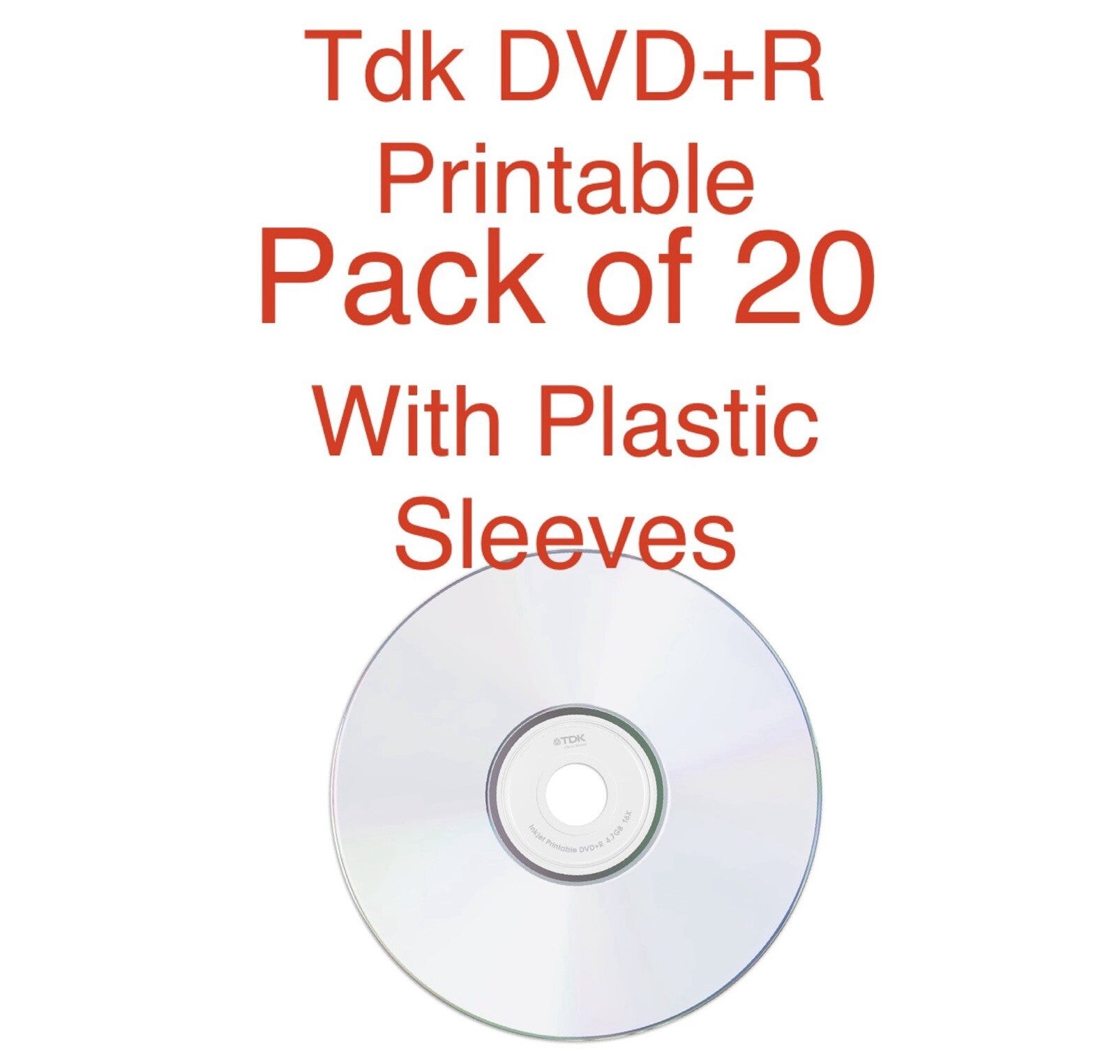 20 x TDK DVD+R  Blank Discs 4.7GB 16x Full Face Printable Inkjet In Sleeves