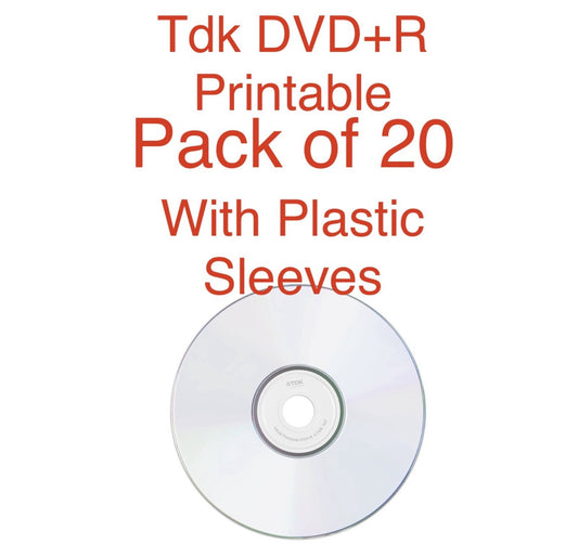 20 x TDK DVD+R  Blank Discs 4.7GB 16x Full Face Printable Inkjet In Sleeves