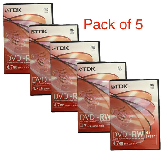 TDK DVD-RW 4.7GB Re-writable Blank Disc’s x4 Speed In Video Jewel Case Pack Of 5