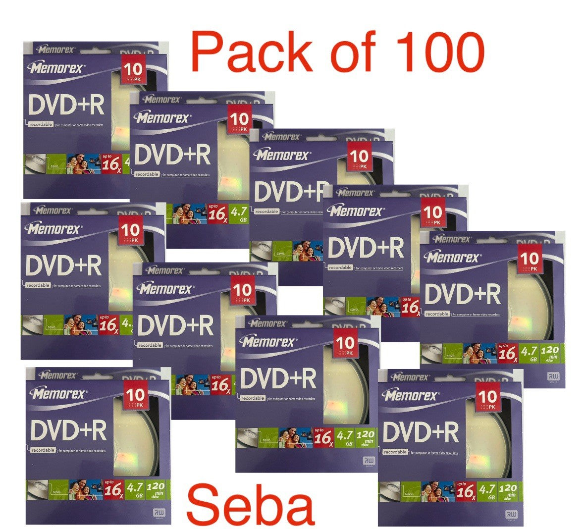 100 x Memorex  DVD+R 16x DVD Blank  discs 4.7 GB 120 mins Cakebox