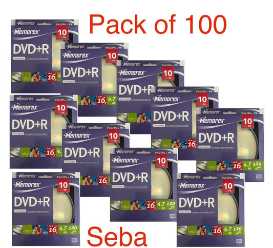 100 x Memorex  DVD+R 16x DVD Blank  discs 4.7 GB 120 mins Cakebox