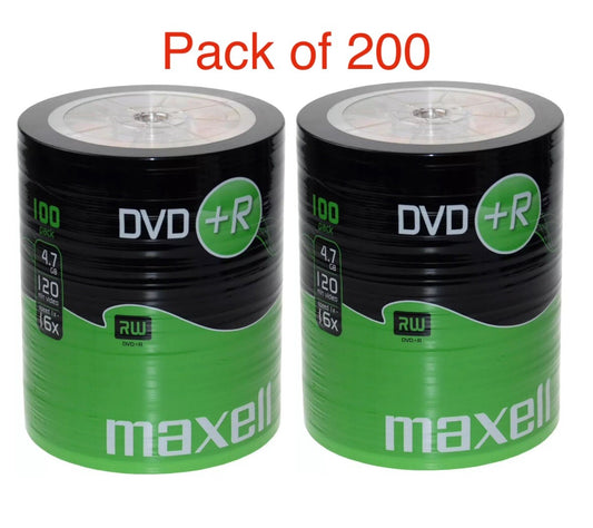 200 x  Maxell DVD+R 16x Speed 4.7GB Blank DVD Media dics Shrink Pack