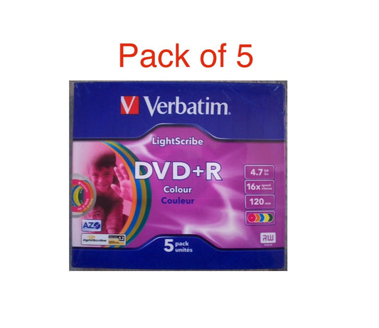 5 x VERBATIM DVD+R 4.7Gb 16x Lightscribe COLOUR 43658 recordable blank discs
