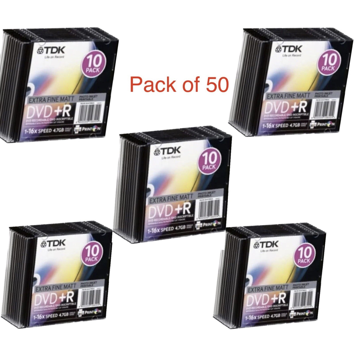 TDK DVD+R 16xSpeed 4.7GB Printable With Slim Case  Pack Of 50