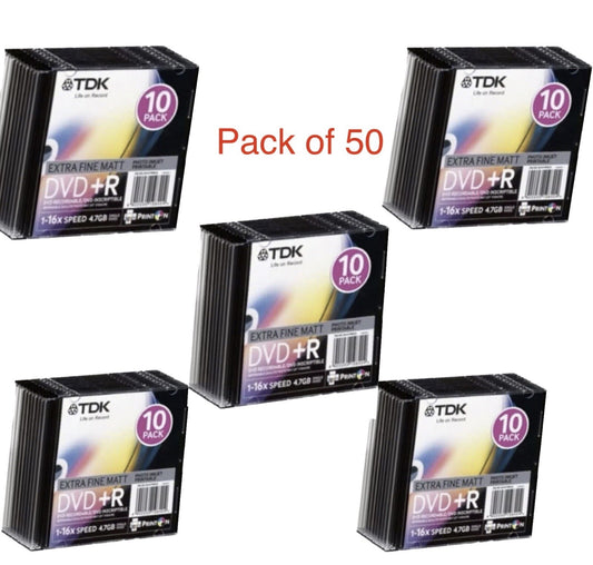 TDK DVD+R 16xSpeed 4.7GB Printable With Slim Case  Pack Of 50