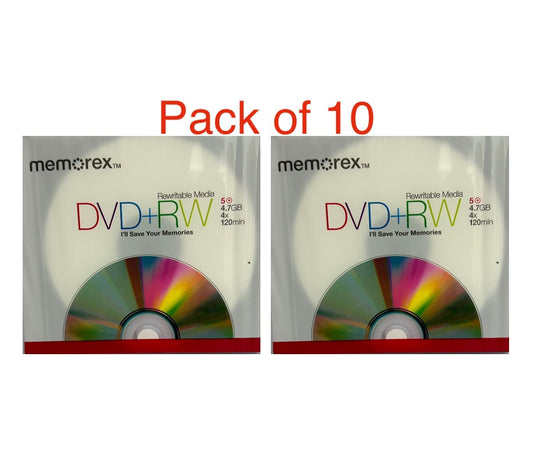 10 x Memorex Blank DVD+RW discs 4x 4.7GB 120 mins Rewritable Slim Jewel case