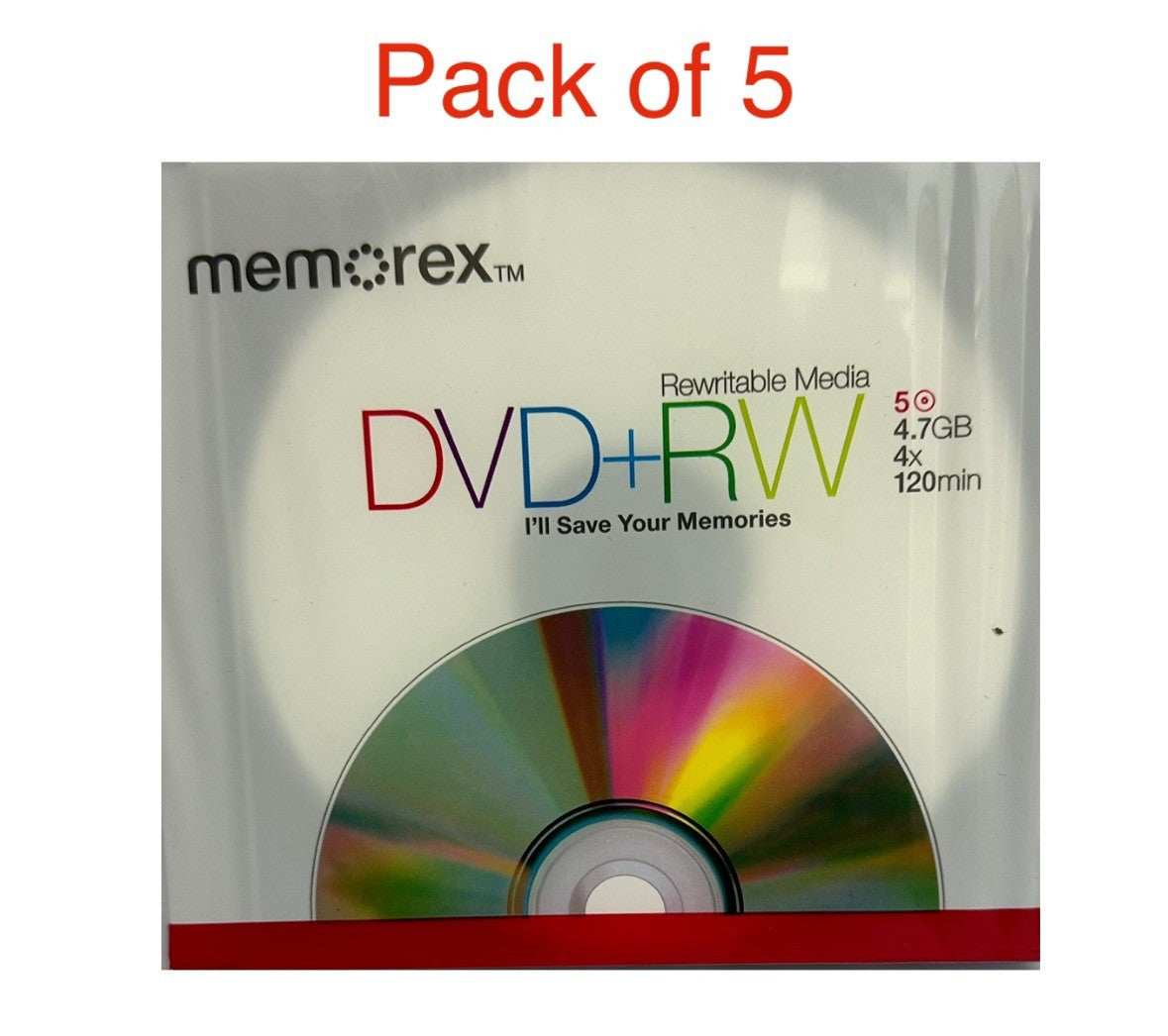 Memorex DVD+RW 4.7GB Disc 120Min 4x Speed Rewritable Blank Discs Pack of 5