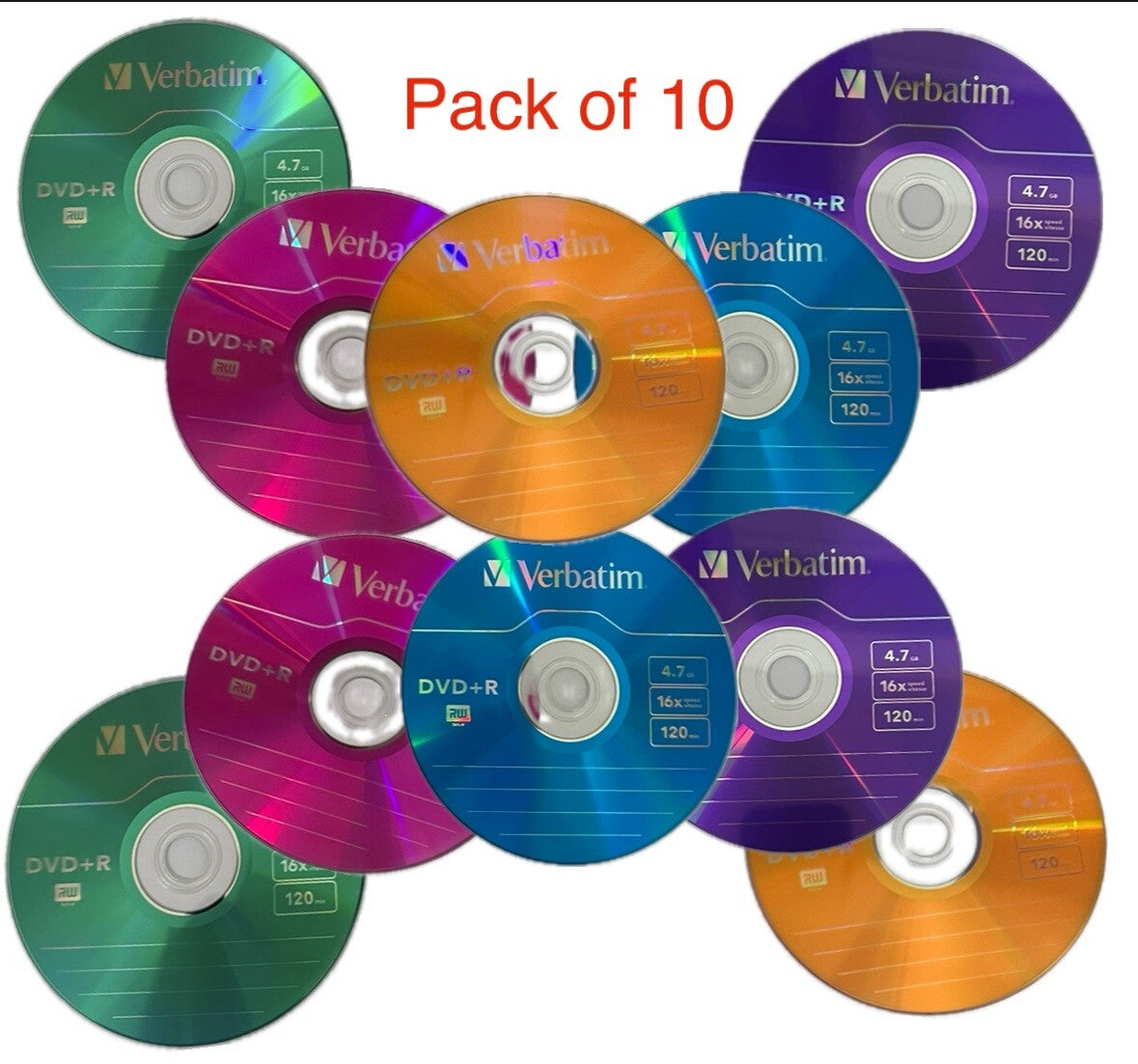 10 x Verbatim 4.7Gb DVD+R Azo Colour Discs x16 Speed 120 Min