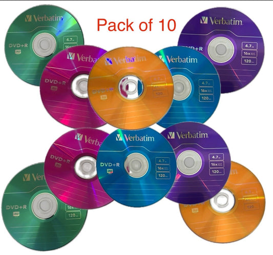 10 x Verbatim 4.7Gb DVD+R Azo Colour Discs x16 Speed 120 Min