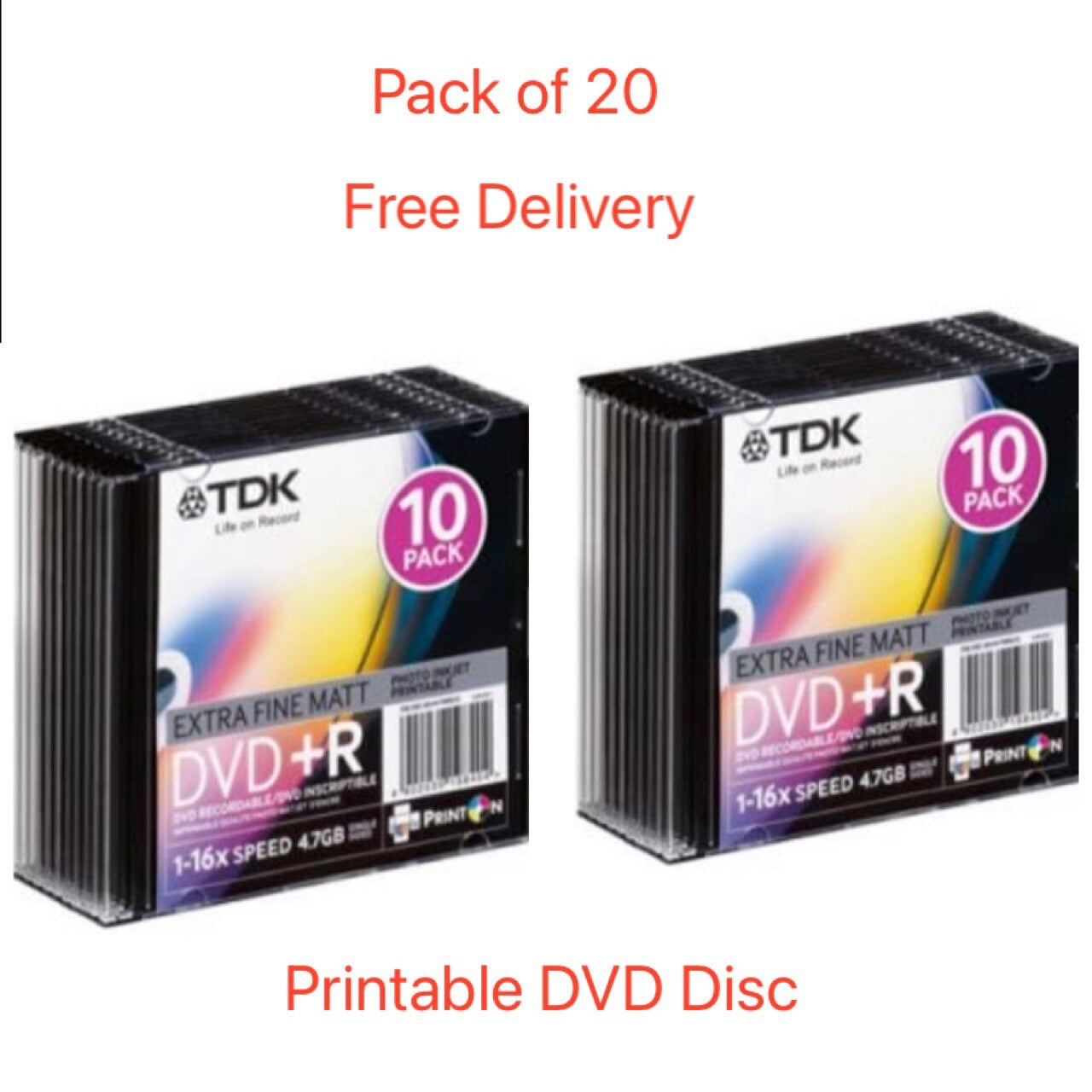 20 x TDK DVD+R Printable 4.7GB 16x 120min Recordable DVD Discs Slim Case