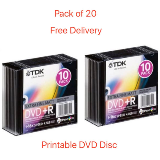 20 x TDK DVD+R Printable 4.7GB 16x 120min Recordable DVD Discs Slim Case