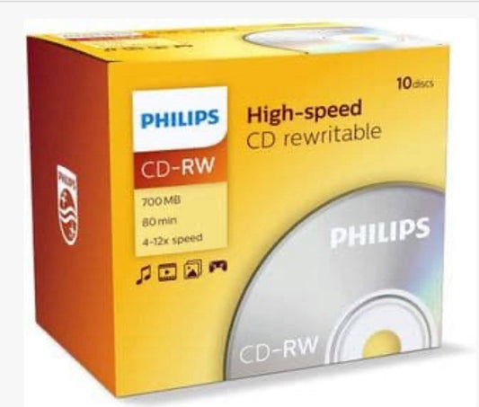 10 x Philips CD-RW Blank Rewritable Discs 80 Mins 700MB 12x Speed Jewel Case