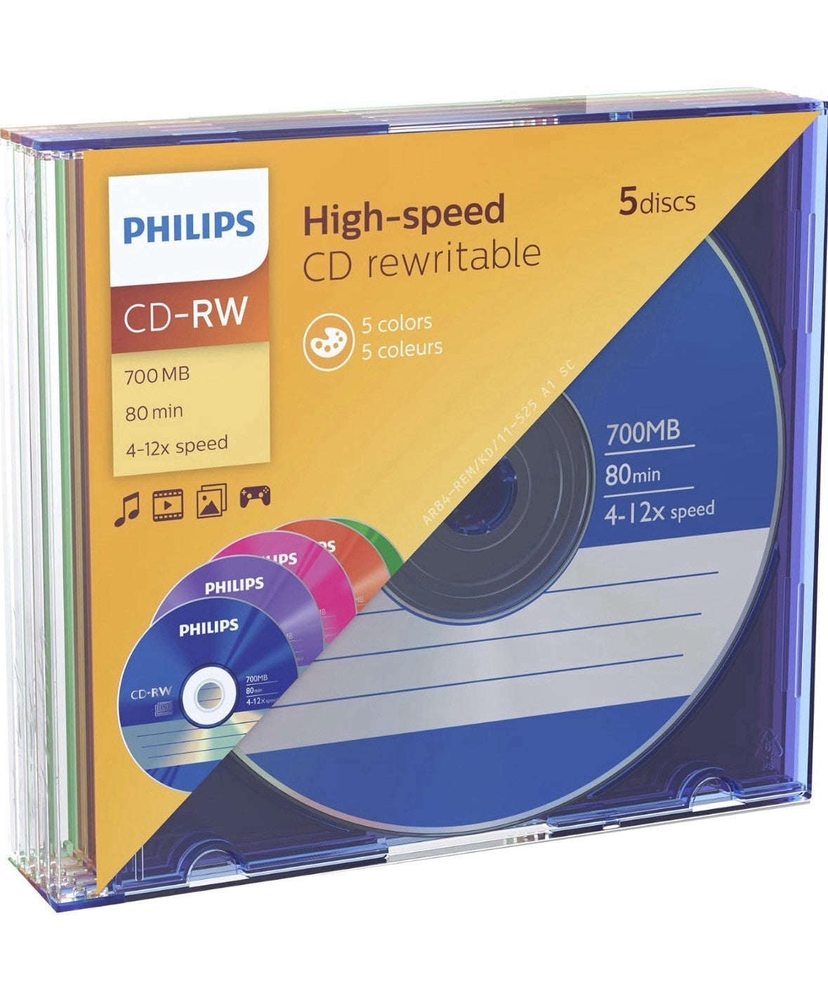 Philips CD-RW 80MIN Blank Disc Colour 700MB 4-12 X Speed Slim Case Pack of 5