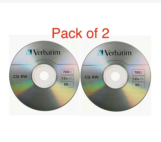 2 x Verbatim CD-RW Disc ReWritable Blank Discs in Sleeve x12 Speed 700MB 80min