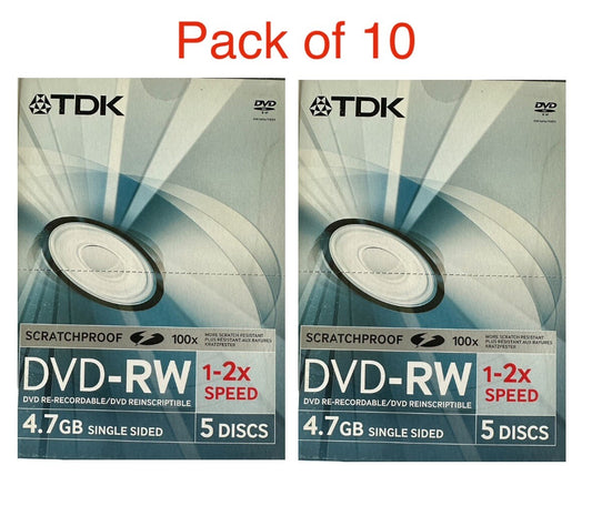 10 TDK DVD-RW SCRATCHPROOF 4.7GB 2x 120min Re-Recordable DVD Discs In VideCases