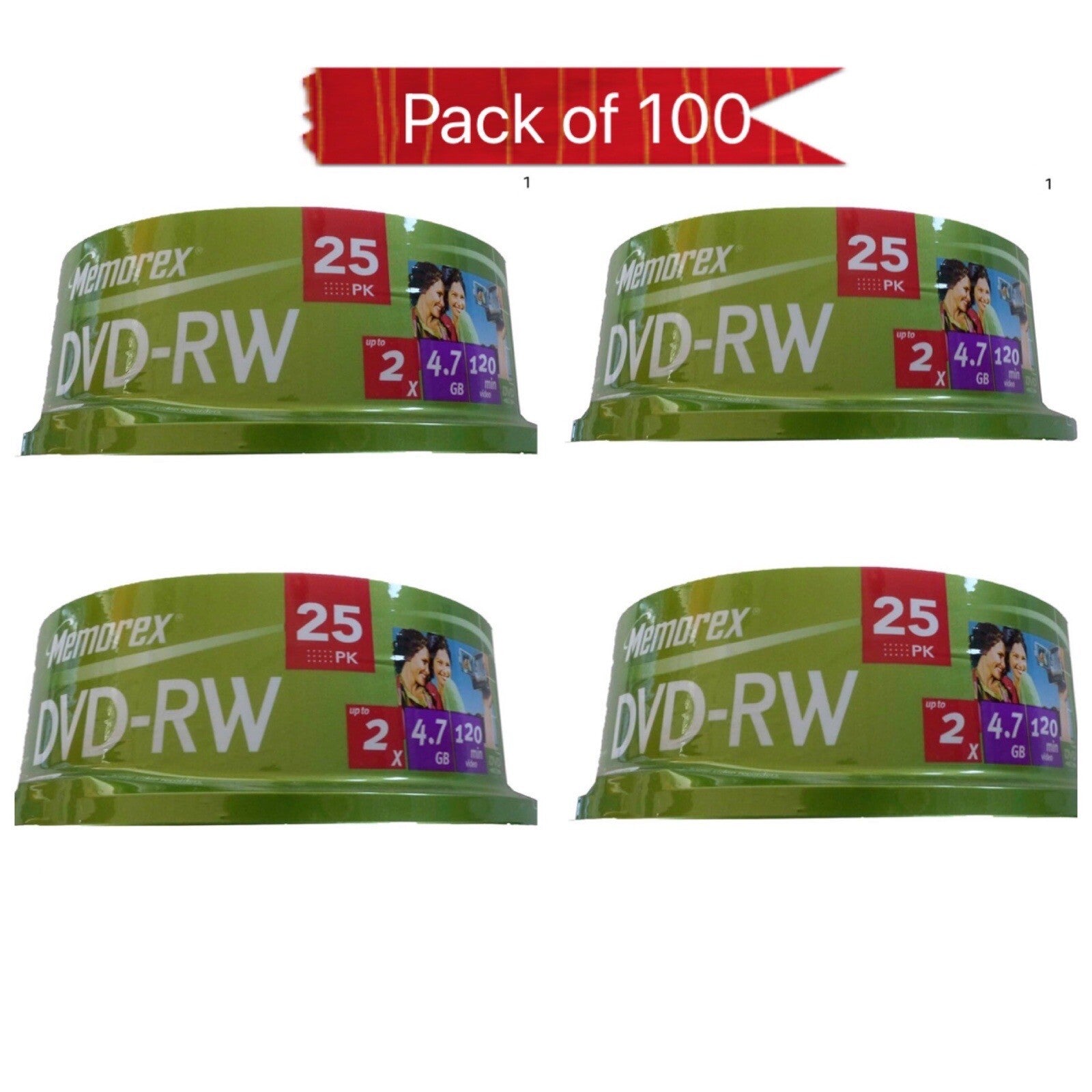 100 x  Memorex Blank DVD-RW discs 2x 4.7GB 120 mins Rewritable Spindle