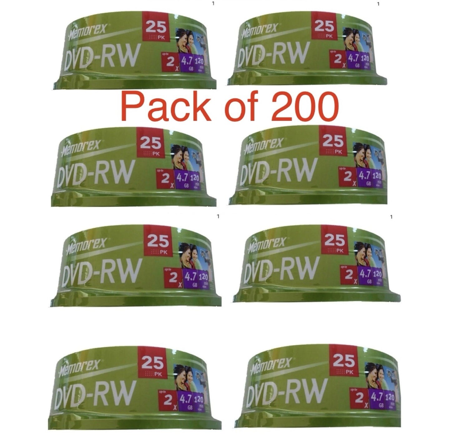 200 x  Memorex Blank DVD-RW discs 2x 4.7GB 120 mins Rewritable Spindle