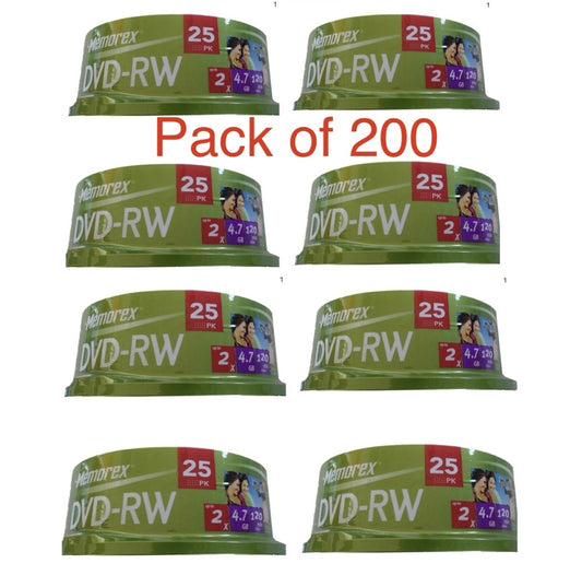 200 x  Memorex Blank DVD-RW discs 2x 4.7GB 120 mins Rewritable Spindle