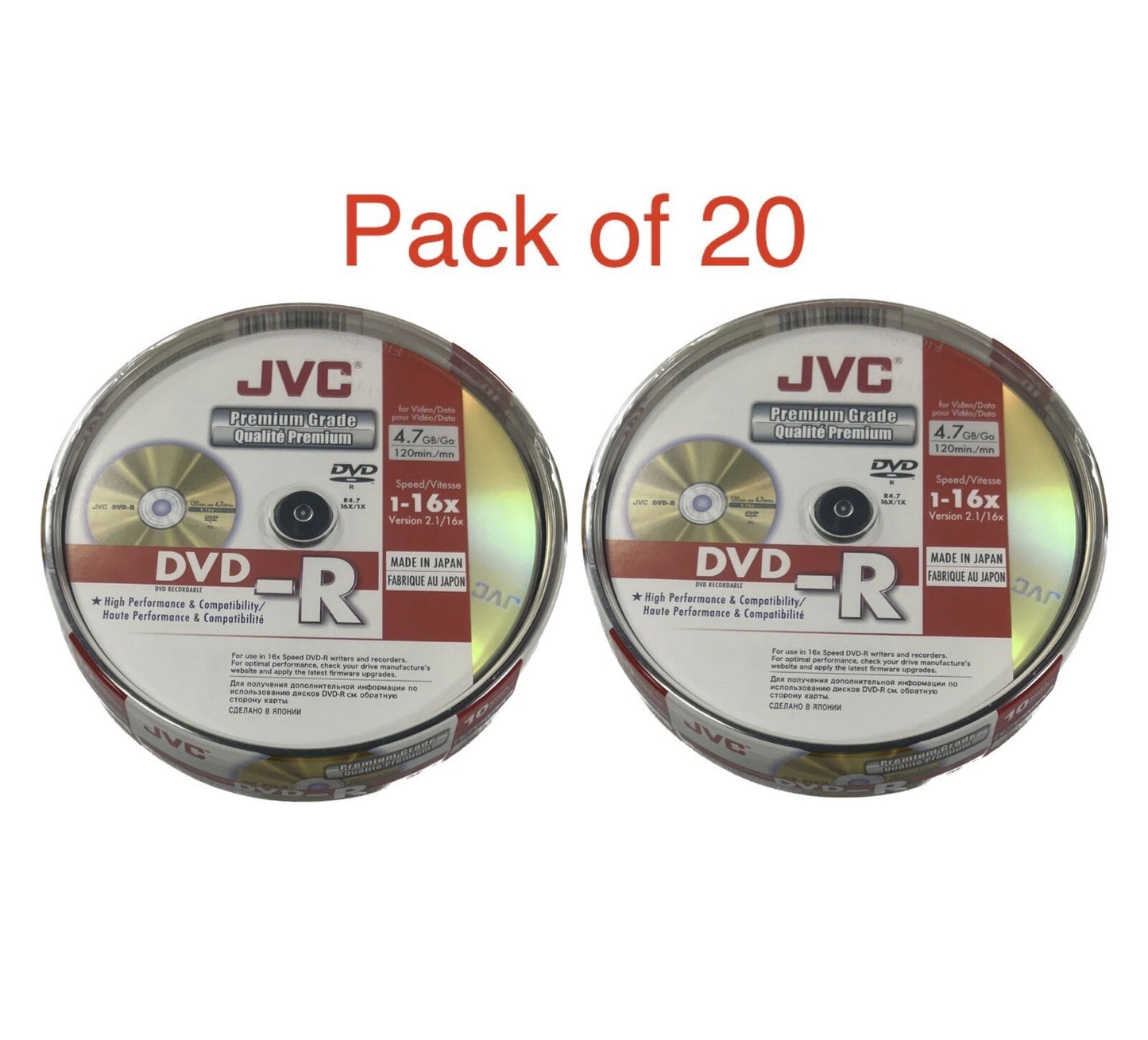 20 x  JVC DVD-R 16x Speed PREMIUM Blank Discs 4.7GB 120 mins