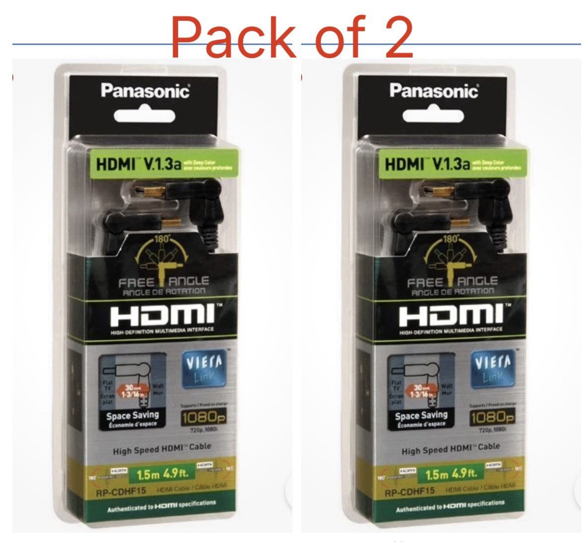 2 x Panasonic (RP-CDHF15E-K) 1.5 m High Speed HDMI Cable